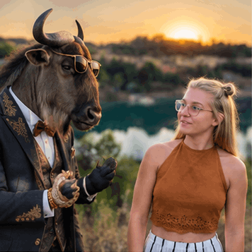 Agathe et un gnou élégant dansent au coucher du soleil